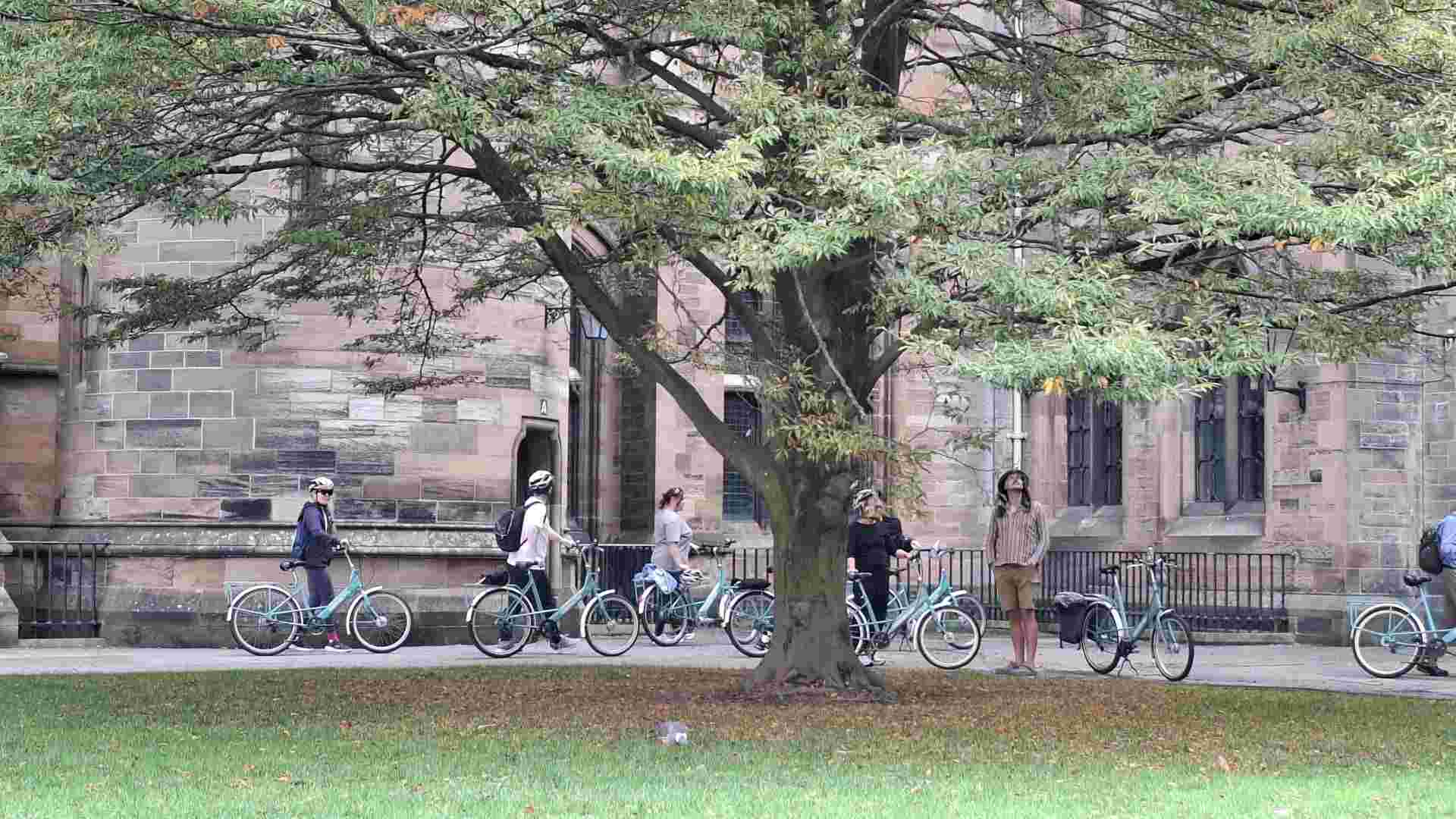 cyclists at gilmore hill campus Glasgow University on a bike tour